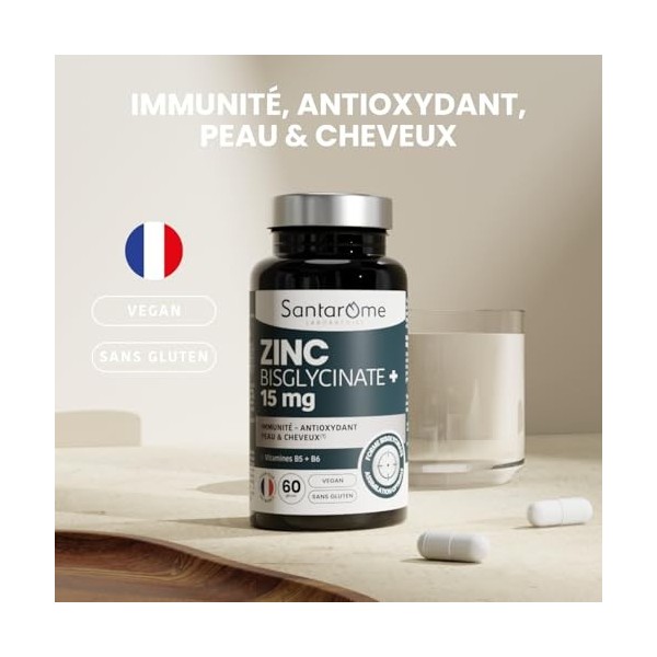Santarome - Zinc Bisglycinate 15 mg – Immunité, Antioxydant, Peau & Cheveux – Avec Vitamines B5 & B6 – Haute Assimilation – V