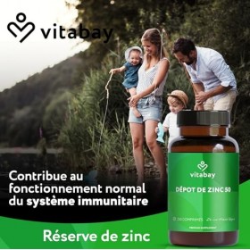 Vitabay Zinc Gluconate 50 mg – 250 Comprimés Végétaliens – 25 mg de zinc par portion ½ comprimé – Complément Alimentaire à 