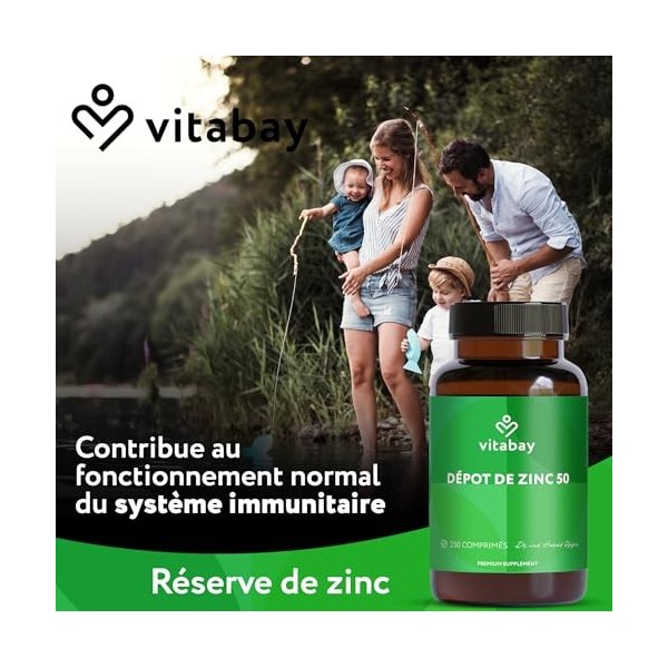 Vitabay Zinc Gluconate 50 mg – 250 Comprimés Végétaliens – 25 mg de zinc par portion ½ comprimé – Complément Alimentaire à 