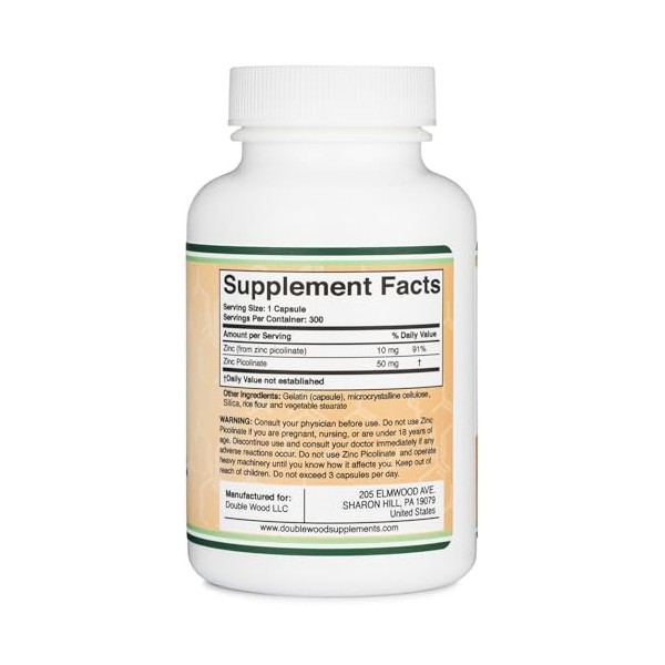 Zinc Picolinate 50mg, 300 Capsules Immune Support Non-GMO, Gluten Free 300 Day Supply by Double Wood Supplements Zinc