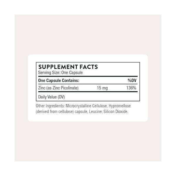 Thorne Zinc Picolinate 15mg - Supplément de Zinc Hautement Absorbable - Pour le Bien-être, le Système Immunitaire, la Santé d...