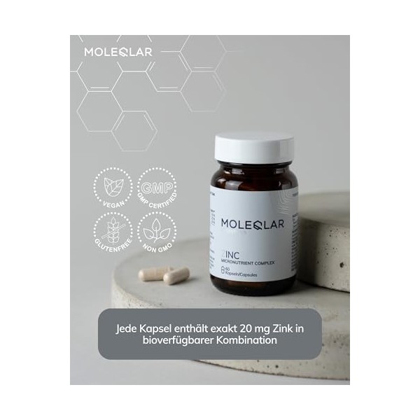 MoleQlar Zinc 60 gélules – 20 mg/capsule bisglycinate + picolinate , 60 jours, végan, testé en laboratoire