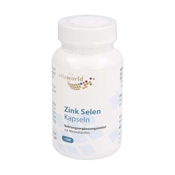 Vitaworld Capsules de sélénium et de zinc - hautement dosés 15 mg de zinc + 100 µg de sélénium par jour 100 capsules végétal