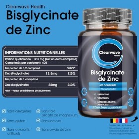 Zinc Bisglycinate | 400 Comprimés Vegan |1 Comprimé Tous les 2 Jours Soit 12,5 mg par Jour | Zinc Complement Alimentaire | Po