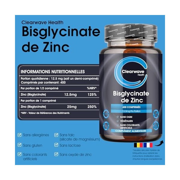 Zinc Bisglycinate | 400 Comprimés Vegan |1 Comprimé Tous les 2 Jours Soit 12,5 mg par Jour | Zinc Complement Alimentaire | Po