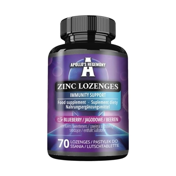 Gluconate de zinc 15 mg - 70 pastilles | 70 portions | Soutien immunitaire | Saveur myrtille - Apollos Hegemony