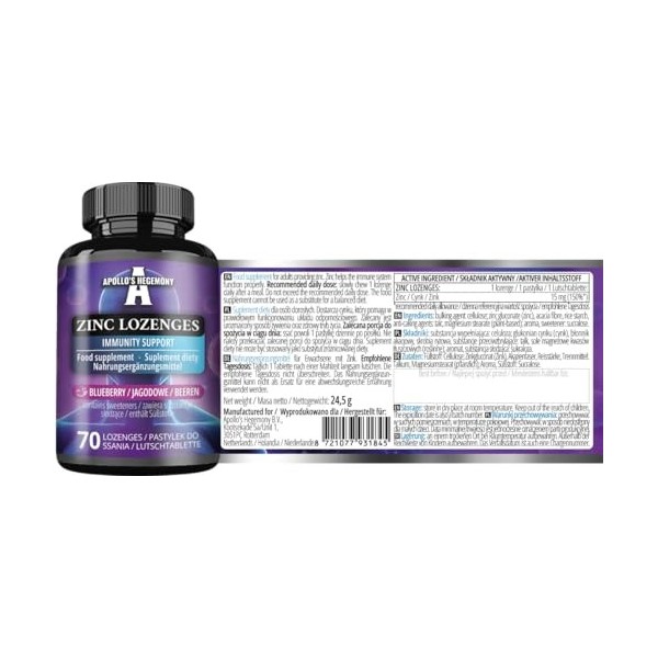 Gluconate de zinc 15 mg - 70 pastilles | 70 portions | Soutien immunitaire | Saveur myrtille - Apollos Hegemony