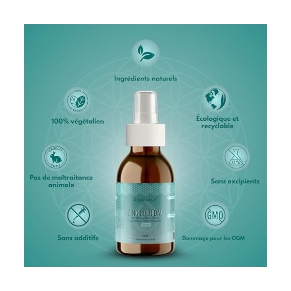 DIOXNATUR Zinc colloïdal 100ml 20 ppm - Solution de zinc avec pulvérisation - Flacon en verre ambré