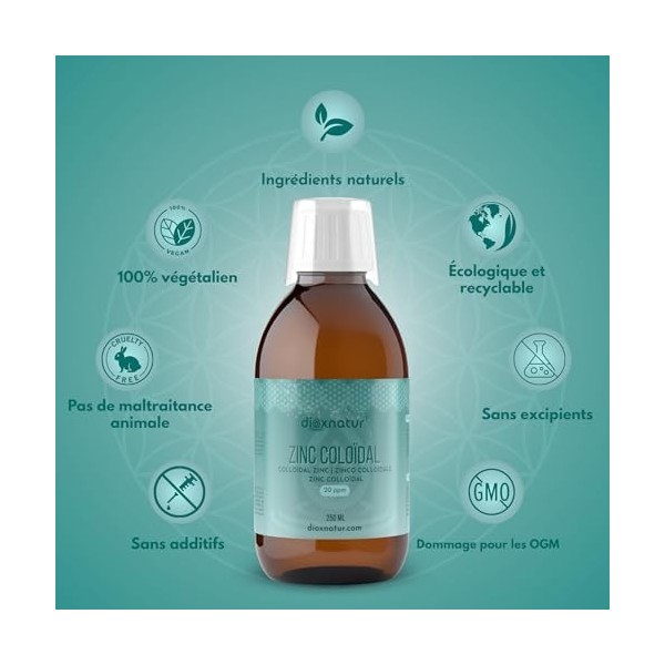 DIOXNATUR Zinc colloïdal 250ml 20 ppm - Gluconate de zinc liquide - Flacon en verre ambré