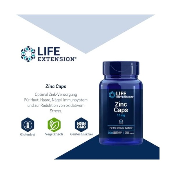 Life Extension - Zinc 15 mg 150 Gélules – Soutient le Système Immunitaire, la Peau, les Cheveux, les Ongles et la Division Ce