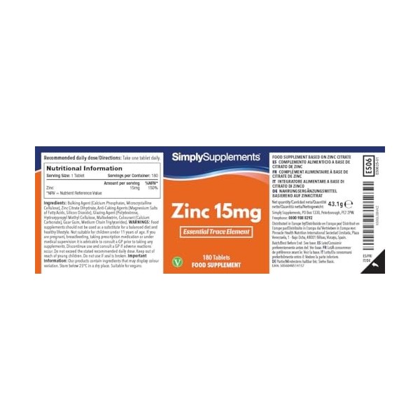 Zinc 15 mg | 150% VNR | 360 Comprimés Faciles à Avaler | 12 Mois d’Utilisation | Soutient le Système Immunitaire, les Cheveux