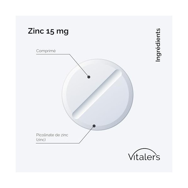 Vitalers Zinc 15 mg - 120 comprimés, végétalien, 4 mois de supplémentation, sans conservateur, composition pure