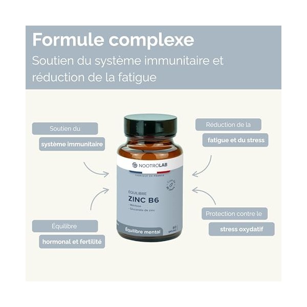 Zinc B6 – Complément Équilibre Mental et Immunité – Zinc Gluconate et Vitamine B6 – Stress, Fatigue, Peau, Immunité – 60 Gélu