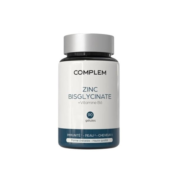 COMPLEM Zinc Bisglycinate – 15 mg de Zinc Élémentaire – Haute Absorption – 90 Gélules Vegan – Contribue au Fonctionnement Nor