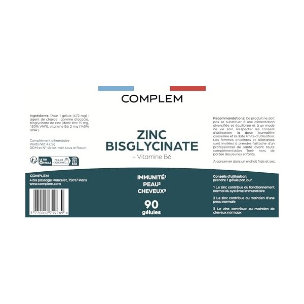 COMPLEM Zinc Bisglycinate – 15 mg de Zinc Élémentaire – Haute Absorption – 90 Gélules Vegan – Contribue au Fonctionnement Nor