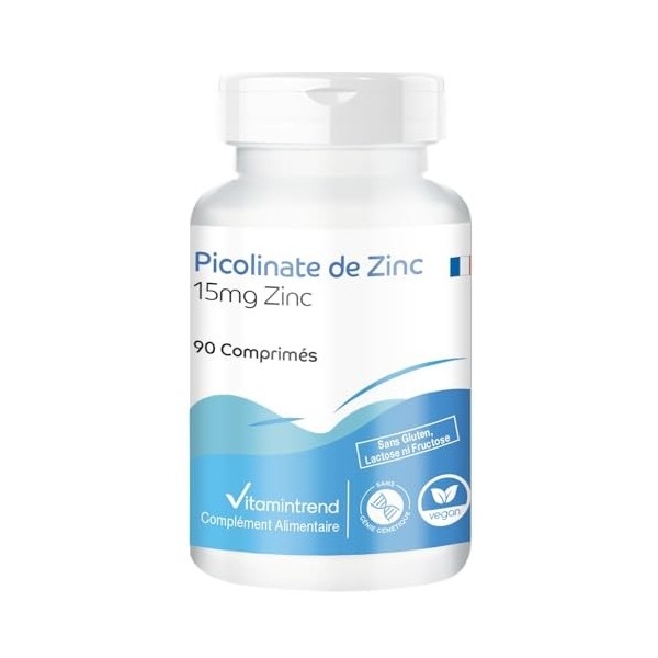 Picolinate de zinc - avec 15mg de zinc - 90 comprimés - hautement dosés - dosage sûr - végétalien - suppléments dAllemagne |