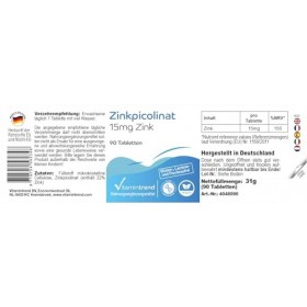 Picolinate de zinc - avec 15mg de zinc - 90 comprimés - hautement dosés - dosage sûr - végétalien - suppléments dAllemagne |
