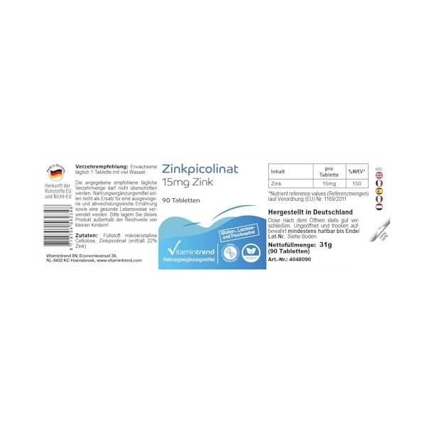 Picolinate de zinc - avec 15mg de zinc - 90 comprimés - hautement dosés - dosage sûr - végétalien - suppléments dAllemagne |