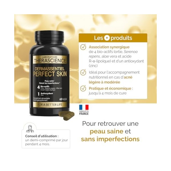 DERMASSENTIEL PERFECT SKIN |Peau nette & sans imperfections |Acné légère à modérée | 4 bioactifs : aloe vera, palmier nain, o