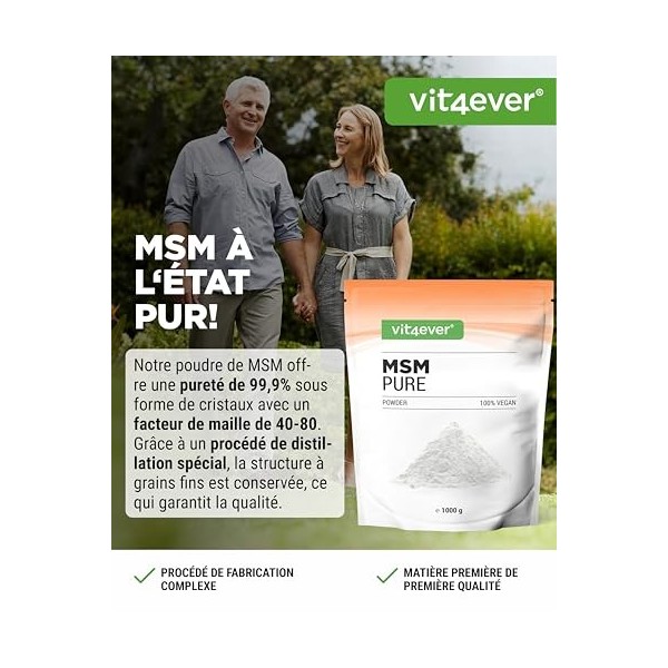 Poudre de MSM - 1 kg 1000 g - 99,9% de Méthylsulfonylméthane Cristallin Pur - Facteur Mesh 40-80 - Soufre Organique - Végan