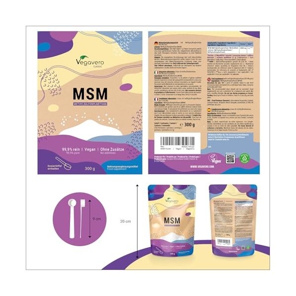 MSM Vegavero® Poudre | 300g Méthylsulfonylméthane Pur à 99,9% | Sans Additifs & VEGAN | Formation de Collagène | Testé en Lab