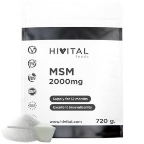 MSM 2000 mg. Paquet de 720 g. pour 1 an de traitement. Méthylsulfonylméthane 100% Végétalien. Pour la santé des articulations