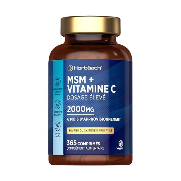 MSM Vitamine C 2000mg | 365 Comprimés Vegan Pour 6 Mois | Méthylsulfonylméthane et Acide Ascorbique | Alternative à la MSM Po