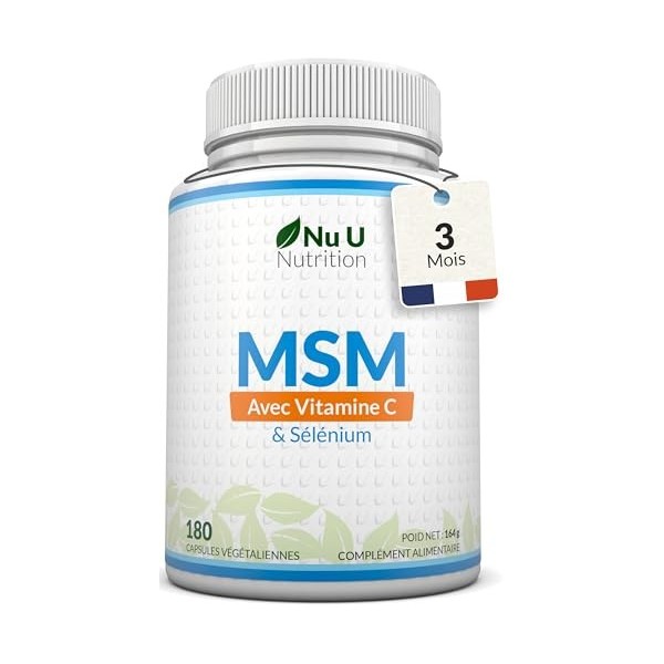 MSM avec Vitamine C et Sélénium - 180 Gélules Vegan - Méthylsulfonilméthane Haute Puissance - Fabriqué en Europe - Nu U Nutri
