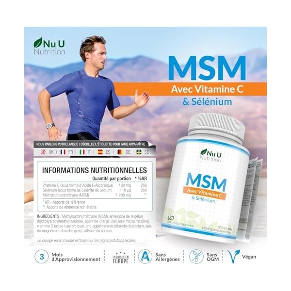 MSM avec Vitamine C et Sélénium - 180 Gélules Vegan - Méthylsulfonilméthane Haute Puissance - Fabriqué en Europe - Nu U Nutri