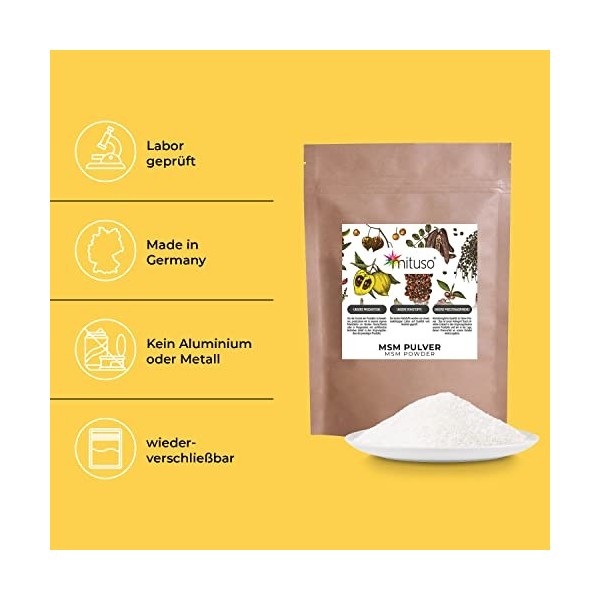 Mituso MSM Poudre 800 g – 99,9% méthylsulfonylméthane, poudre de soufre fine et organique – MSM poudre à mélanger dans leau,
