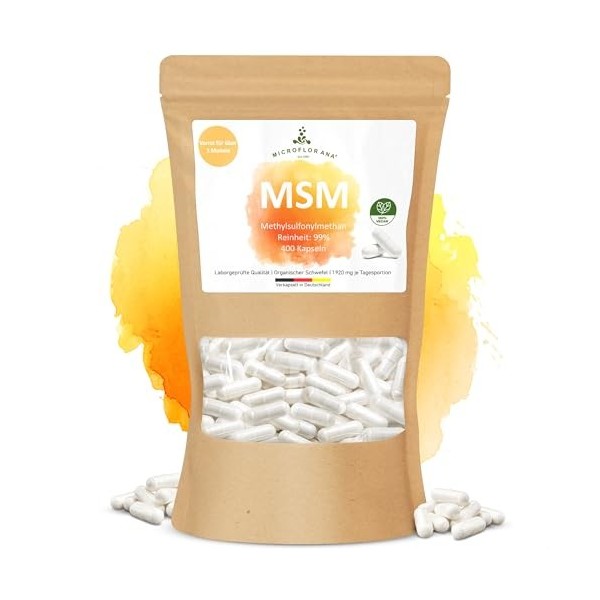 MICROFLORANA Capsules MSM 400 pièces Fabriqué en Allemagne Sans goût amer 480 mg de MSM par capsule Capsules de soufre Methyl