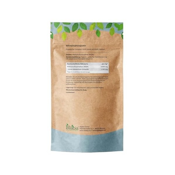 eltabia MSM Poudre 500 g Grand paquet 99,9 % de soufre organique pur méthylsulfonylméthane qualité alimentaire
