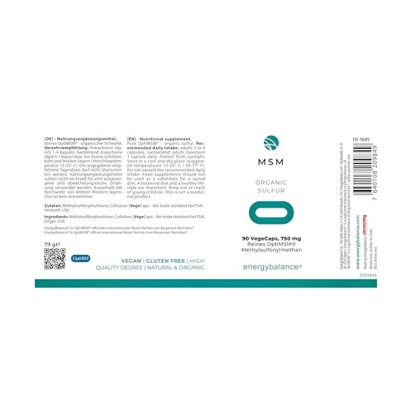 EnergyBalance MSM - OptiMSM - Vegan - Sans Gluten - Sans Additifs - 100% Ingrédients Purs - Qualité Suisse - 90 Vegecaps à 75