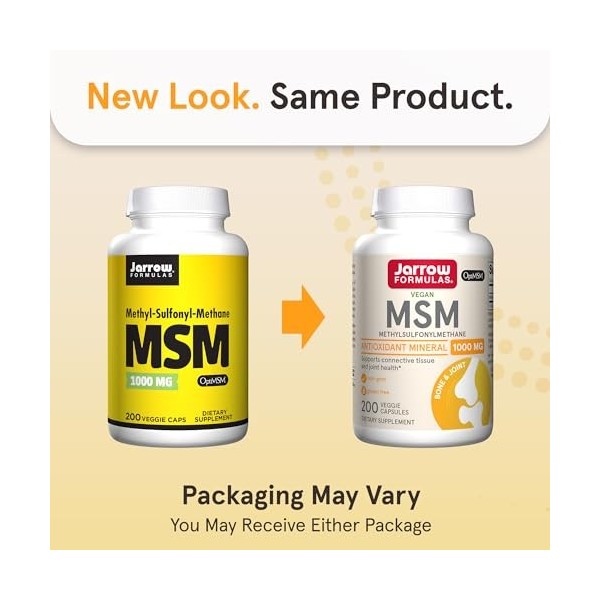 Jarrow Formulas MSM 1000 mg – 200 capsules végétariennes – Méthylsulfonylméthane – Source importante de soufre organique – Re