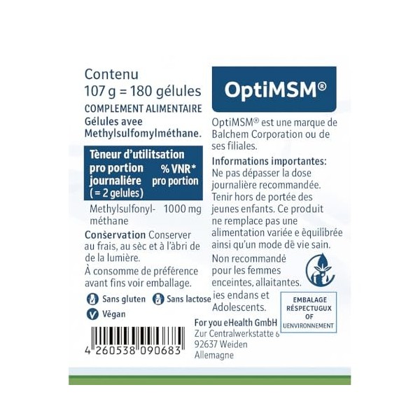 for you pur MSM OptiMSM® Methylsulfonylméthane - Poudre MSM 100% pure - 1000mg OPTI-MSM® par dose quotidienne - 180 gélules v