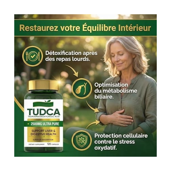TUDCA 2500mg par Portion - 120 Gélules dAcide Tauroursodésoxycholique Ultra Pur - Supplément pour le Soutien du Foie et de l