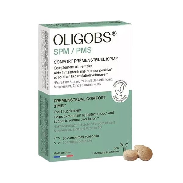 Oligobs SPM Complément Naturel Prémenstruel | Safran, Magnésium, Zinc, Vitamine B6 | Humeur, Fatigue, Jambes Lourdes | Sans H