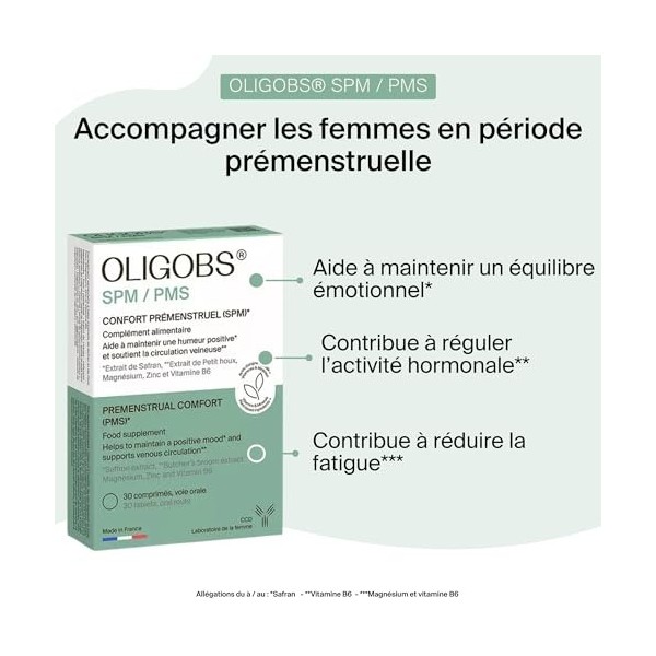 Oligobs SPM Complément Naturel Prémenstruel | Safran, Magnésium, Zinc, Vitamine B6 | Humeur, Fatigue, Jambes Lourdes | Sans H