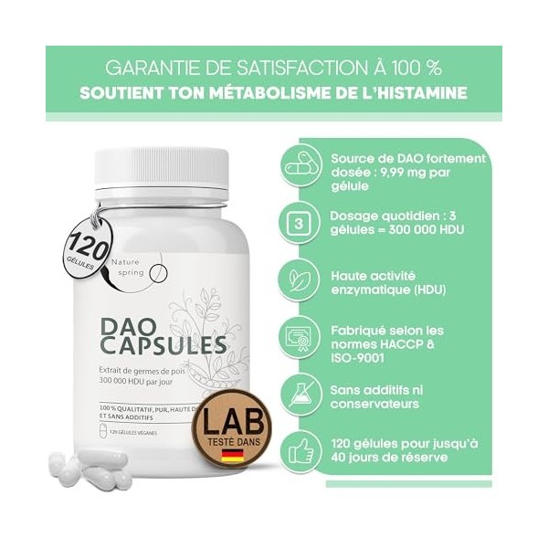 Capsules DAO Histamine – 120 Capsules DAO avec Diamine Oxydase – Enzyme DAO issue de Pousses de Pois – Complément DAO Aliment