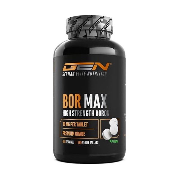 Bor Max - 365 comprimés avec 10 mg de boron pur - Sans additifs indésirables, hautement dosé, végétalien