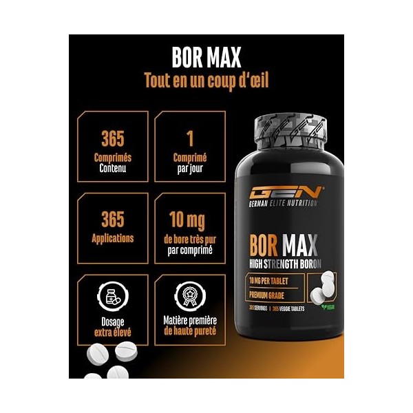 Bor Max - 365 comprimés avec 10 mg de boron pur - Sans additifs indésirables, hautement dosé, végétalien