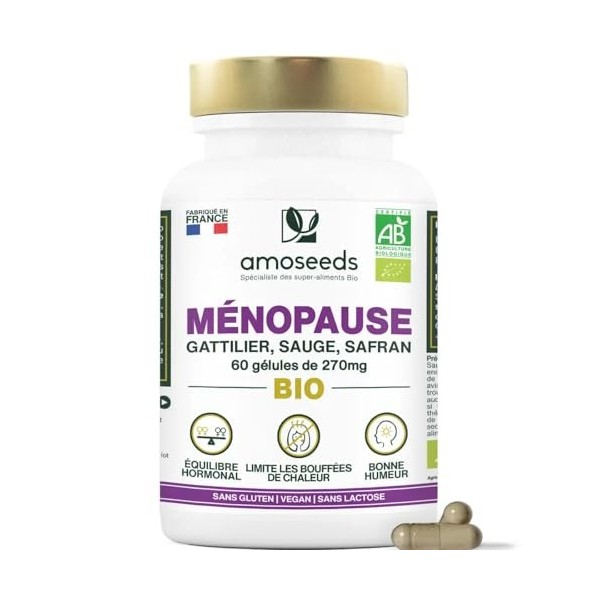 Ménopause BIO | Sans Hormones, 100% Naturel | Bouffées de Chaleur, Irritabilité, Stress | Gattilier, Sauge, Safran | 60 gélul