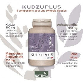 NATEVIO Kudzu Plus - 120 gélules - Complexe Renforcé 4 actifs Kudzu, Ashwagandha, Magnésium, Zinc - Sevrage efficace - Comp