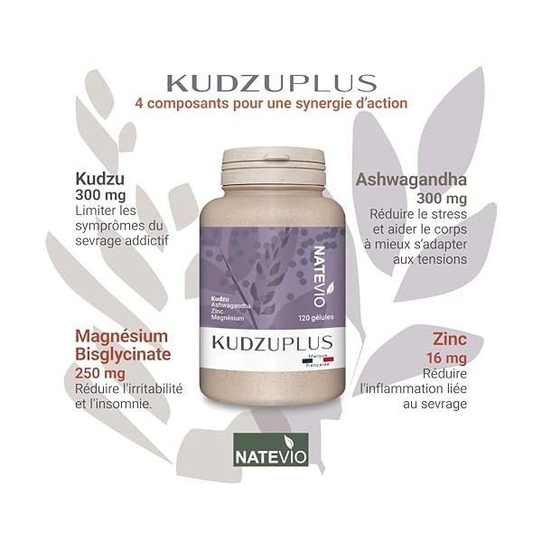 NATEVIO Kudzu Plus - 120 gélules - Complexe Renforcé 4 actifs Kudzu, Ashwagandha, Magnésium, Zinc - Sevrage efficace - Comp