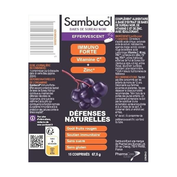 Sambucol Baies de sureau noir Immuno Forte Effervescents | Vitamine C | Zinc | Support du système immunitaire | Complément al
