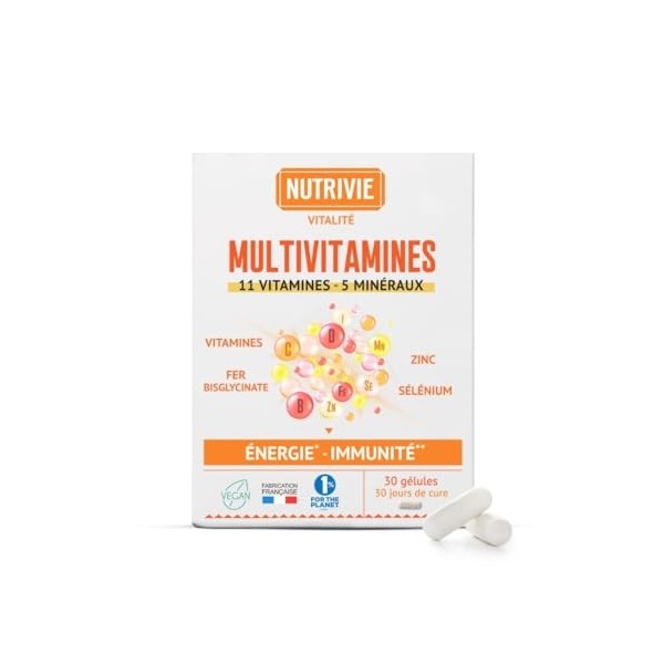 Multivitamines Gélules – 11 Vitamines A,B,C,D,E + 5 Minéraux dont Fer, Zinc, Sélénium – 100% AR – Aide à Réduire la Fatigue, 