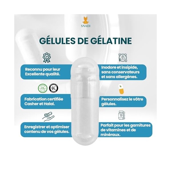 Snadi - 1000 Gélules de Gélatine Vides | Taille 2 | Transparentes | Qualité Pharmaceutique | Emballage Biodégradable | Idéal 
