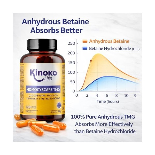 BETAINE Anhydre TMG Trimethylglycine 120 Gelules avec Coenzyme Q10 Acide Folique Actif Quatrefolic 5-MTHF Vitamines B6 B12 