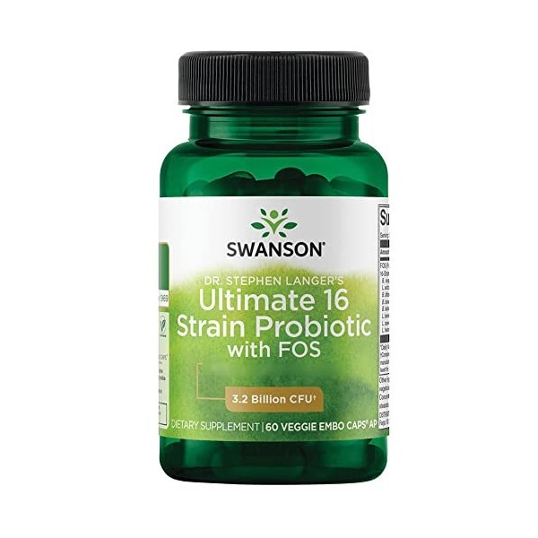 Swanson, Ultimate 16-Strain Probi with FOS, 16 Bonnes Souches de Bactéries avec Fructooligosaccharides, 60 Capsules, Sans Soj