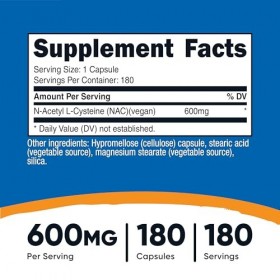 Nutricost N-acétyle L-cystéine NAC 600 mg, 180 capsules – Sans OGM, sans gluten
